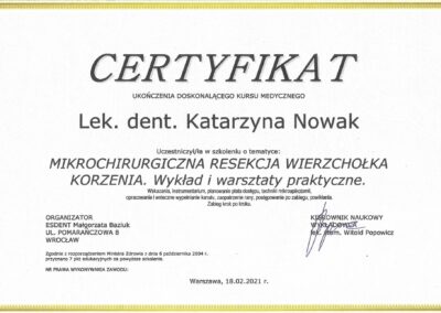 Certyfikat Dr Katarzyna Nowak