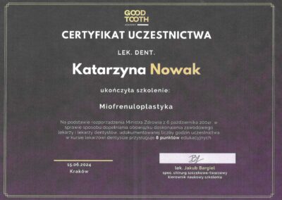 Certyfikat Dr Katarzyna Nowak