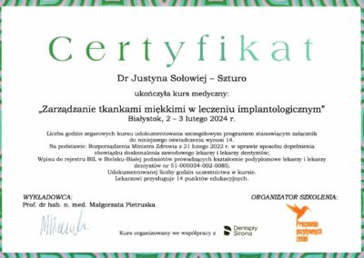 Certyfikat dla Dentysty - Dr Justyna Sołowiej-Szturo