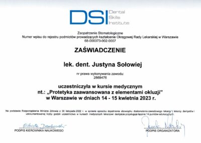 Certyfikat dla Dentysty - Dr Justyna Sołowiej-Szturo
