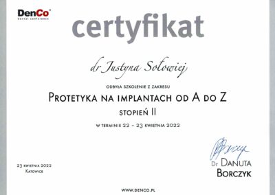 Certyfikat dla Dentysty - Dr Justyna Sołowiej-Szturo