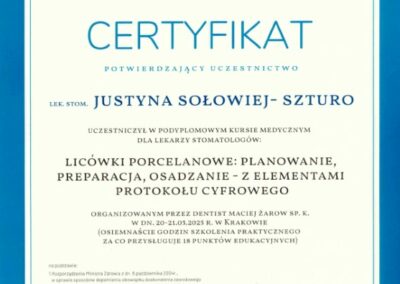 Certyfikat dla Dentysty - Dr Justyna Sołowiej-Szturo
