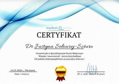 Certyfikat dla Dentysty - Dr Justyna Sołowiej-Szturo